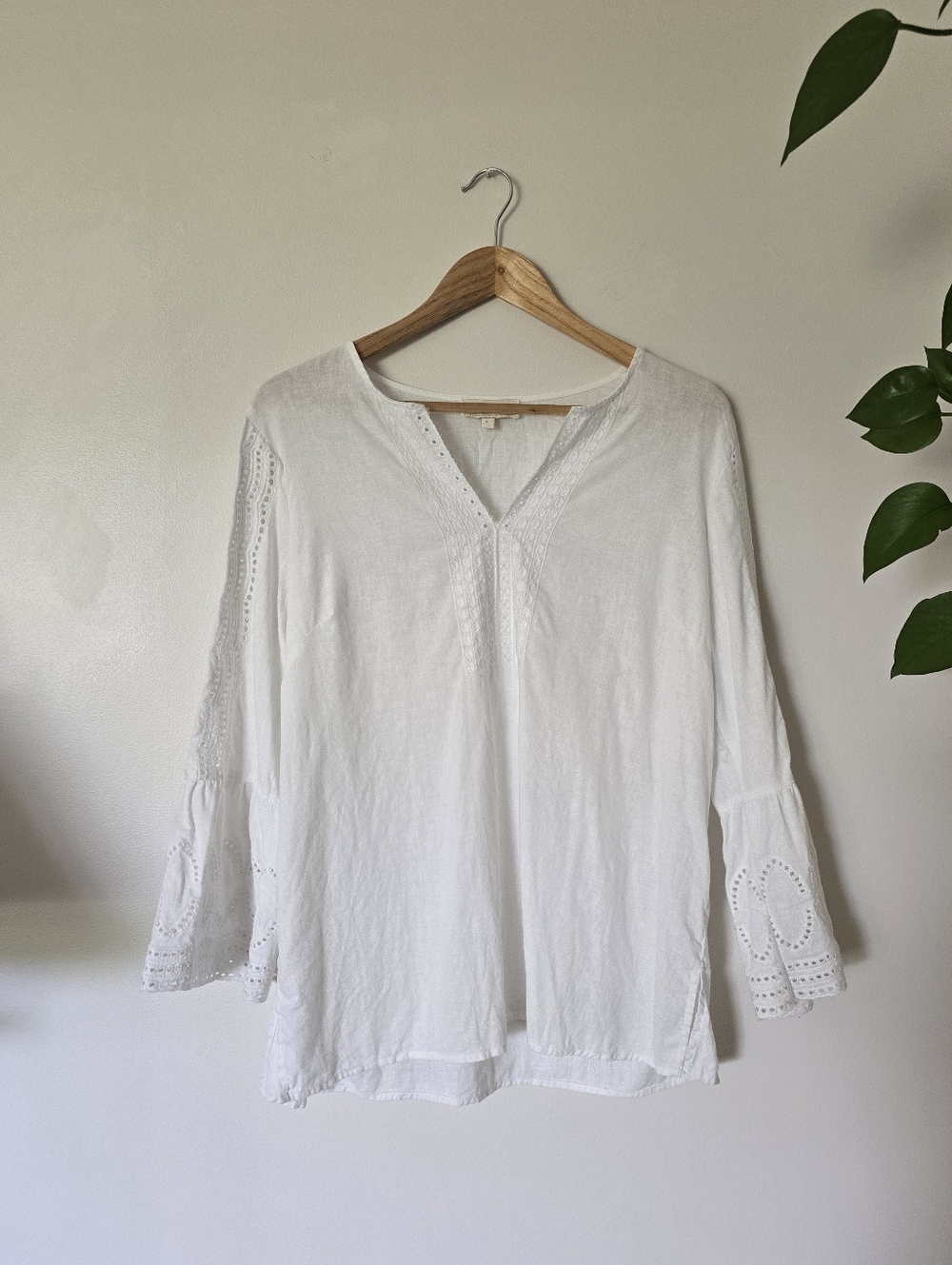 Cynthia Rowley Size Large Womens Linen Blend White Blouse Bell Sleeve Top